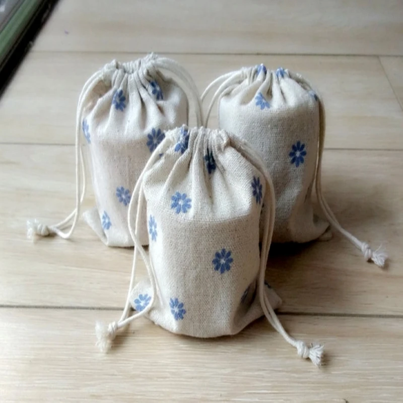 

100pcs/lot CBRL jute linen flax drawstring bags custom jewelry packaging and storage pouches for cosmetic corns