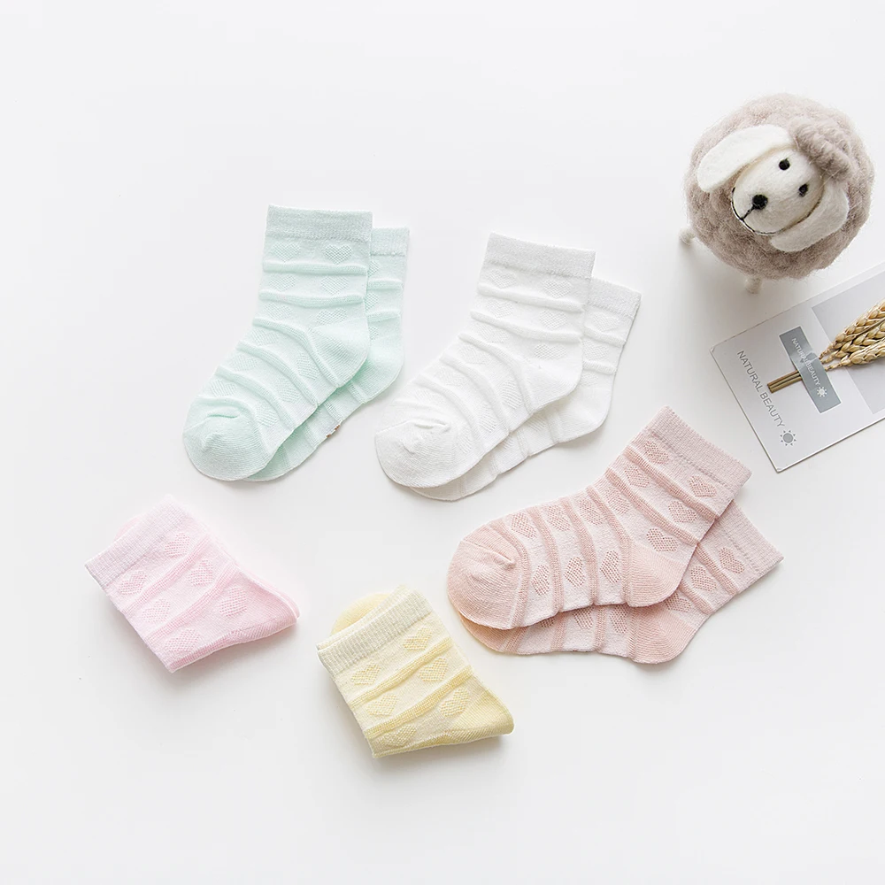 5Pairs/lot 0-2Y Baby Socks Summer Cotton Striped Heart Thin Kids Socks Solid Girls Mesh Cute Newborn Boy Toddler Socks Baby