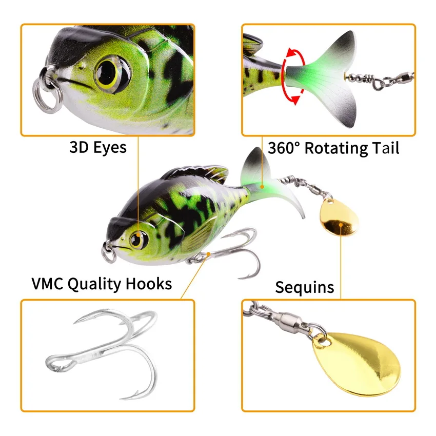 Hanlin Rotate Tail Popper Lure 9.7cm/16.6g Topwater Wobble Fishing Lures Crankbait Artificial Bait Hard Bass Pike Tackle