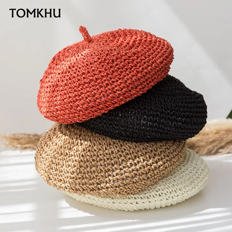 NEW Summer Sun Hats For Women Solid Color Beret Straw Solid French Artist Hat Women Casual Spring Holiday Handmade Cap Beach Hat