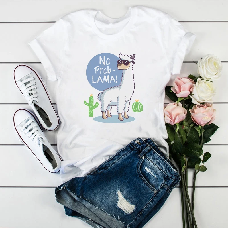 

New summer style women t-shirt cartoon Yellow Llama Red Cacti graphic t shirt femme summer Harajuku kawaii tshirt tumblr tops