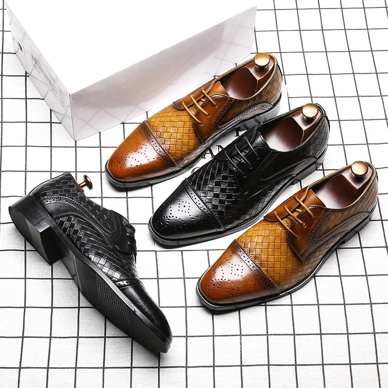 Men\'s Woven Leather Dress Shoes Mens Classic Vintage Derby Shoes Brogue Shoes Men Lace-Up Business Office Party Wedding Shoes