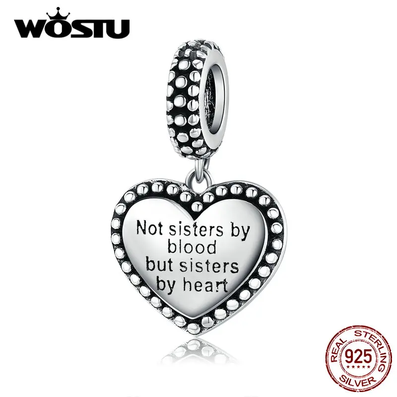 WOSTU 925 Sterling Silver Sisterhood Heart Charms Fit Original Bracelet Pendant Beads For Sister Famlly Jewelry Gift CQC1396