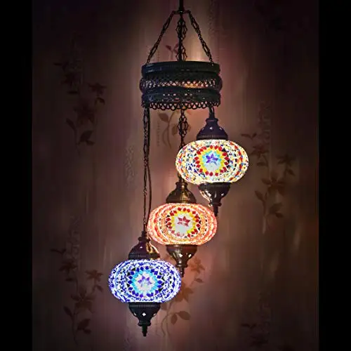 LaModaHome 35 + Unique Colors, 2020 Customizable Chandelier 3 Globes + Free 3 Bulbs, stunning Mosaic Turkish Lamp Moroccan Light