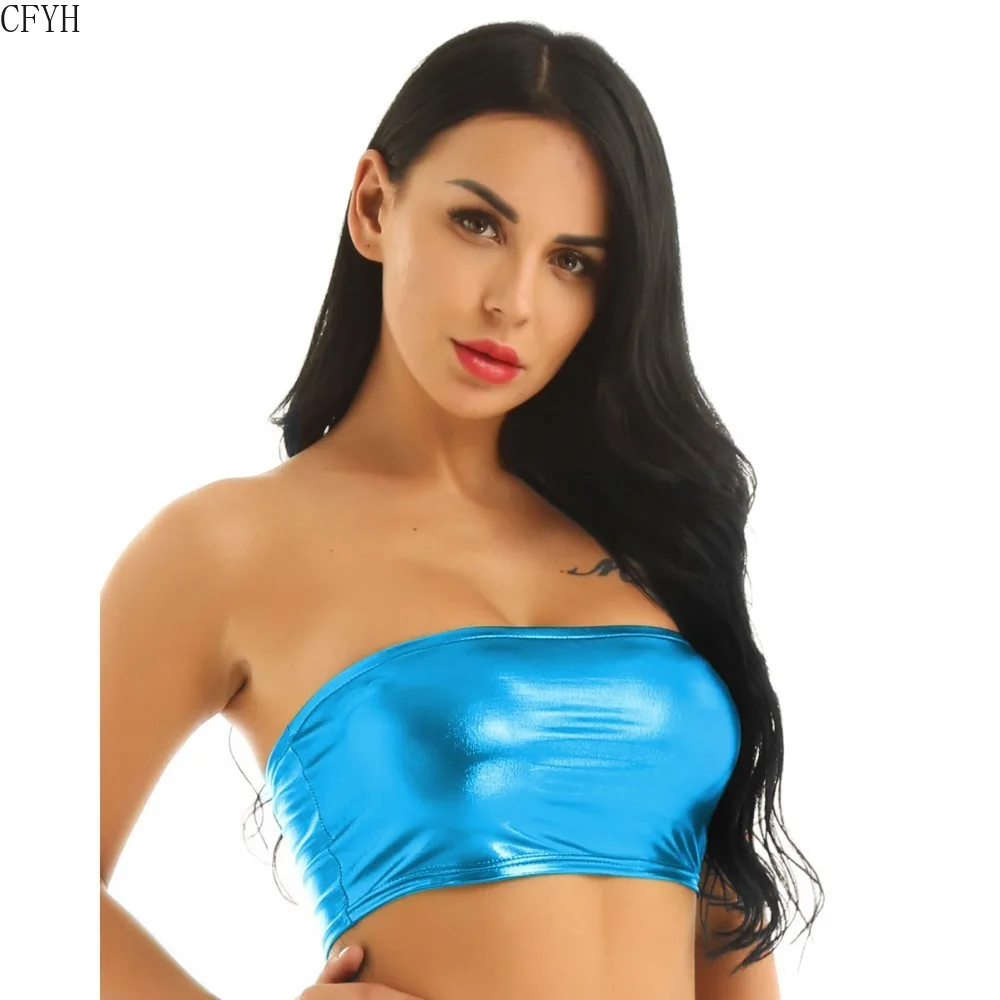 Women Sexy PU Leather Tube Tops Lady Off Shoulder Strapless Crop Top Blouse Shirt