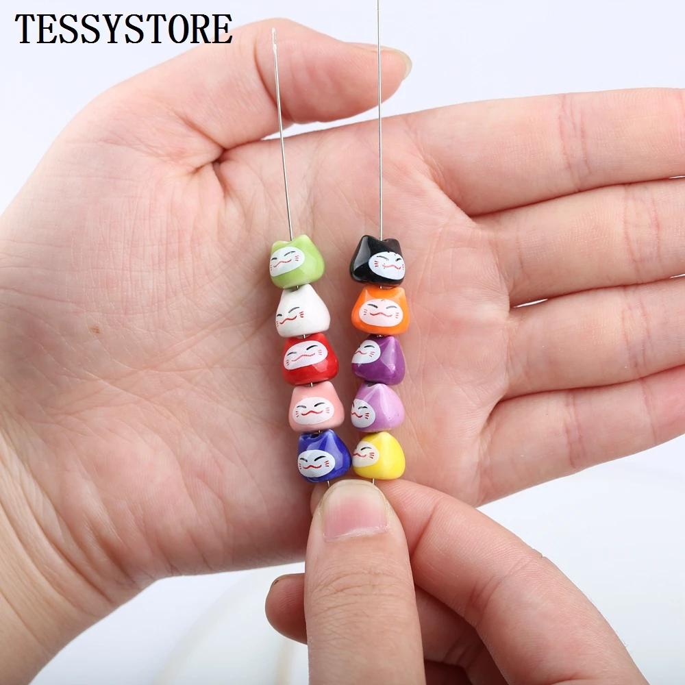 10pcs/lot Cute Smiling Ceramic Beads Mini Multicolor Kittens Straight Hole Beads For Jewelry Making Handmade Accessories