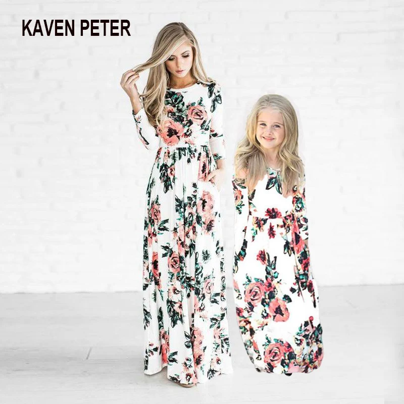 

Parent-Child Long Dress Floral Printed Mother-Daughter Dress Nine-Sleeve Long Skirt Family Clothes