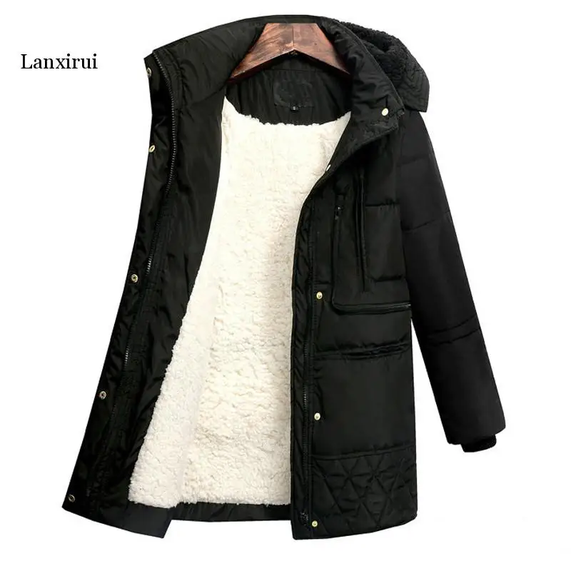 Lanxirui-chaquetas de lana para mujer, abrigo largo acolchado de algodón, Parkas delgadas con capucha, chaqueta cálida, ropa de exterior, Invierno