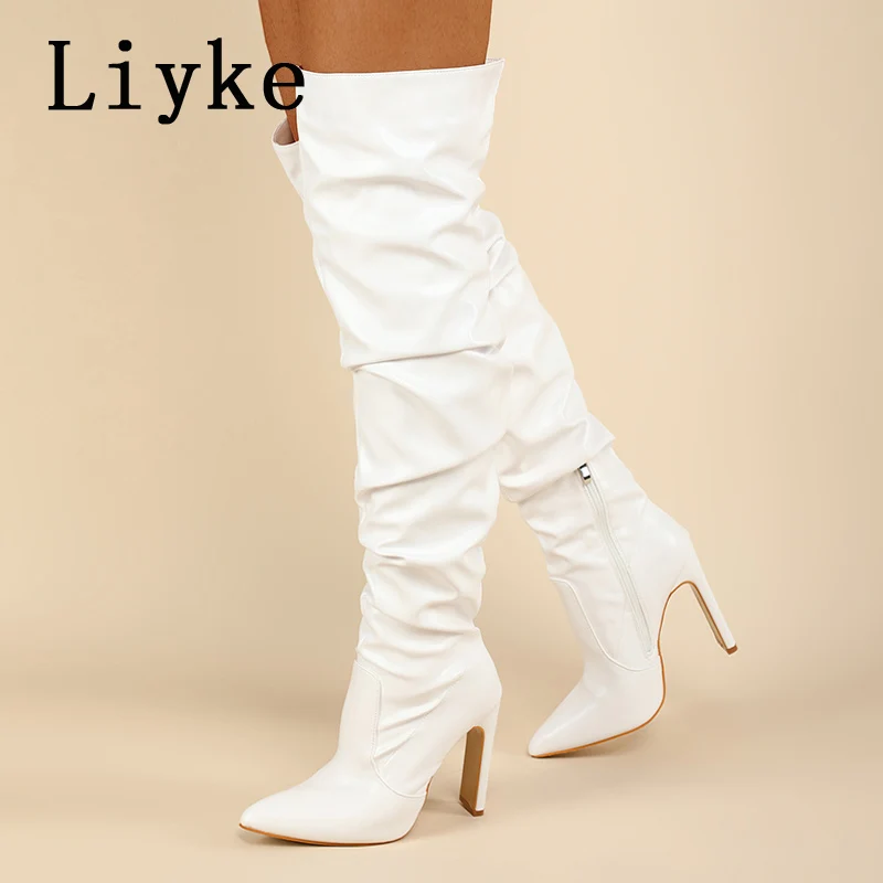 Liyke Fashion Design Pleated Leather Over The Knee Boots Sexy Pointed Toe Zip White High Heels Autumn Winter Women Shoes