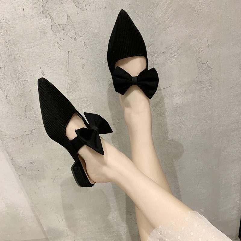 Female Shoes Cover Toe Butterfly-Knot Mules For Women 2023 Slippers Casual Square heel Loafers Slides Med New Luxury Pointed