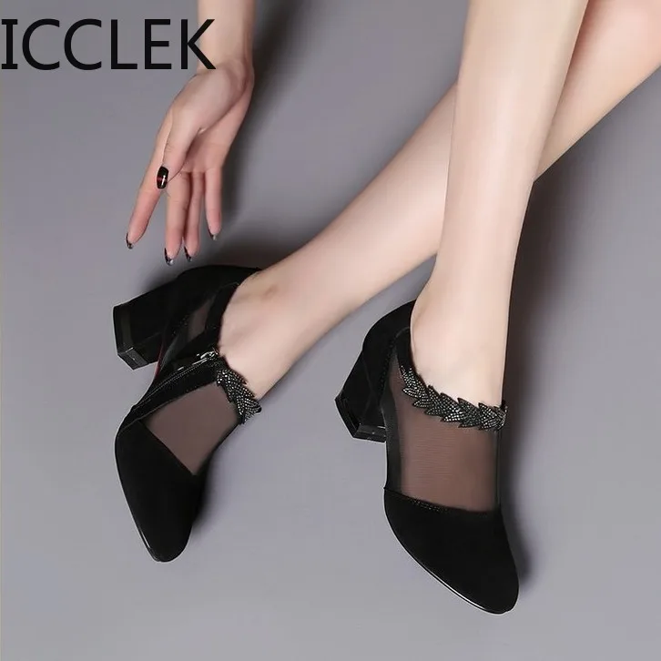 Women High Heel Shoes Mesh Breathable Pumps Zip Pointed Toe Thick Heels Fashion Female Dress Shoes Elegant Footwear A011