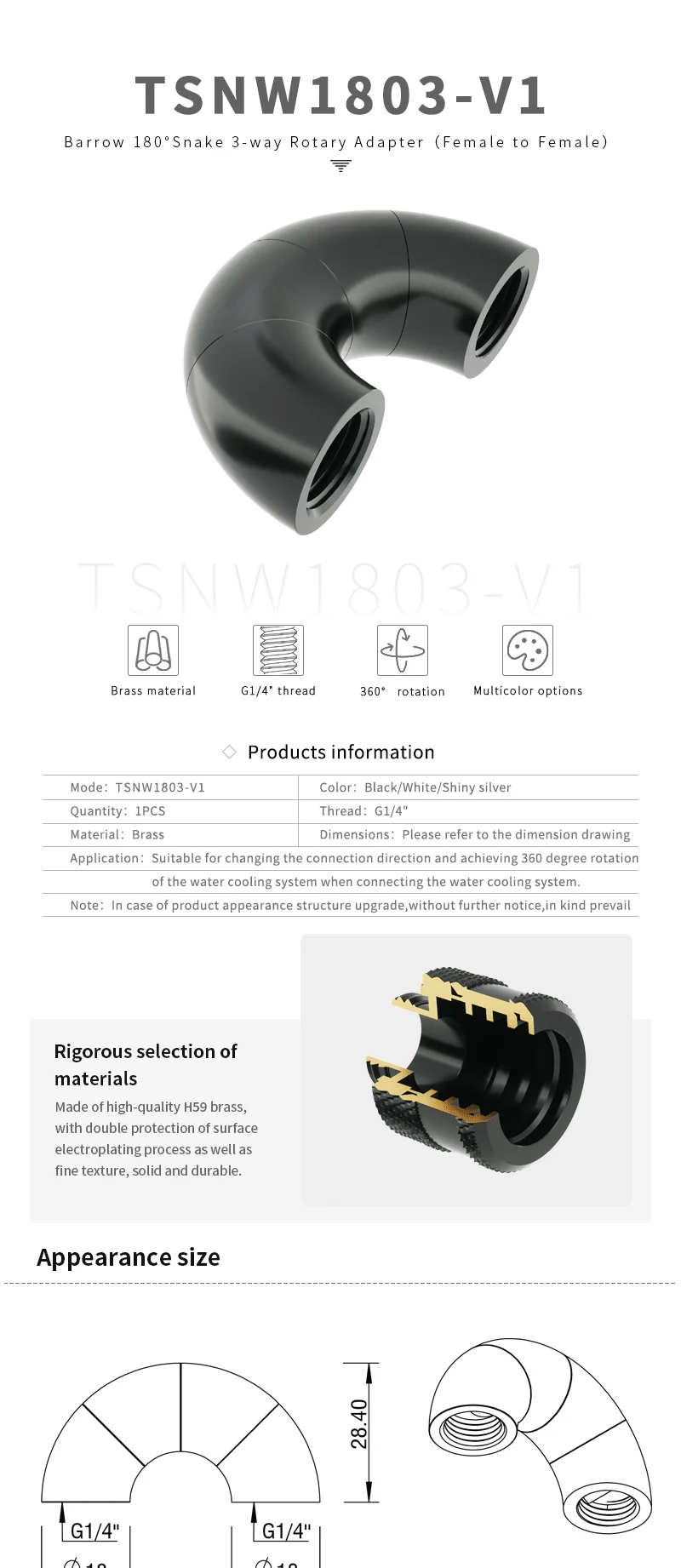 Barrow TSNW1803-V1 180-Grad-Zickzack-drehbare Beschläge, vierstufiger G1/4-Stecker mit Buchse auf Buchse, PC-Kühlzubehör – Detail 1