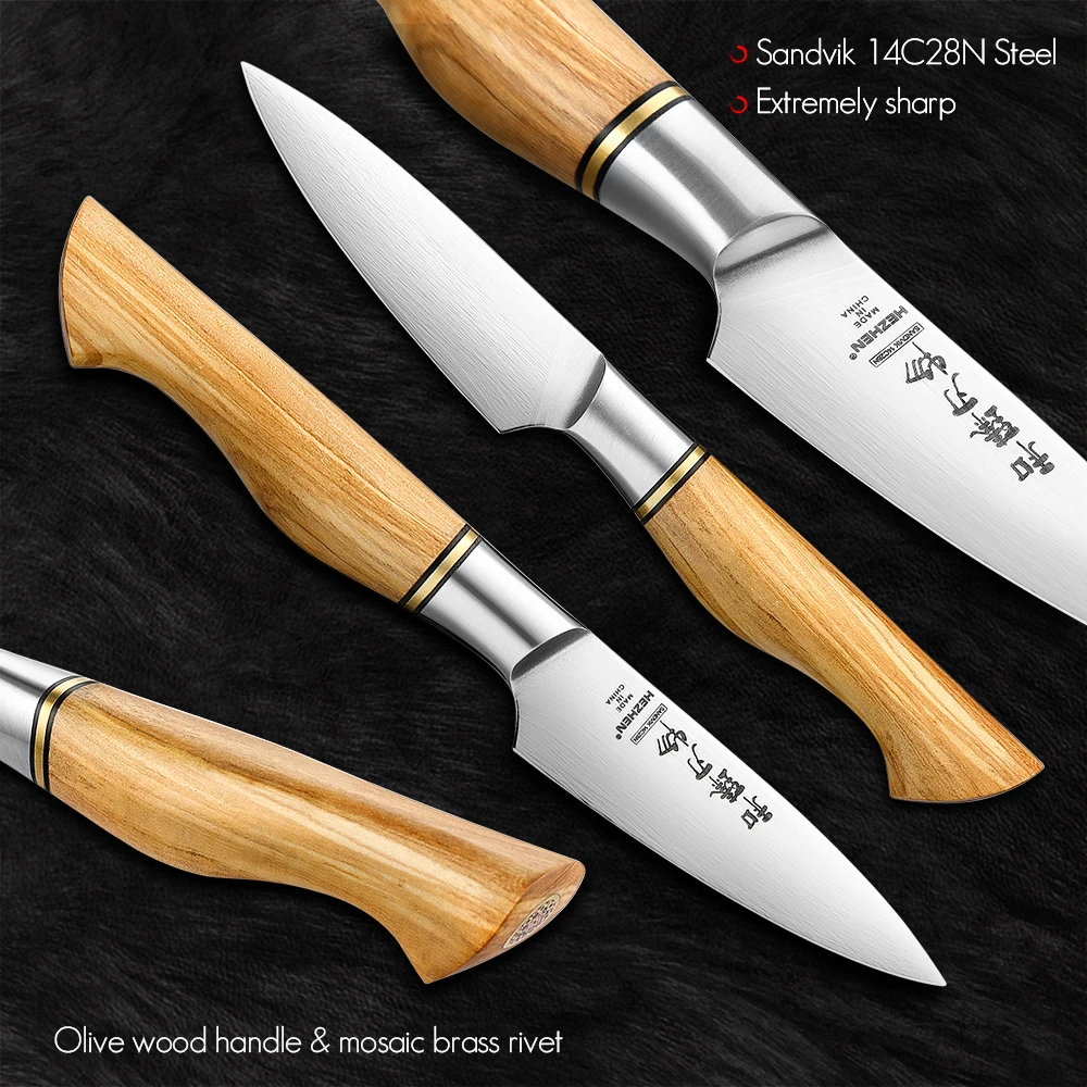 HEZHEN 3.5 Inches Paring Knife Sandvik Stainless Steel Olive Wood Handle Kitchen Knife Peeling Fruit Cooking Tools Gift Box