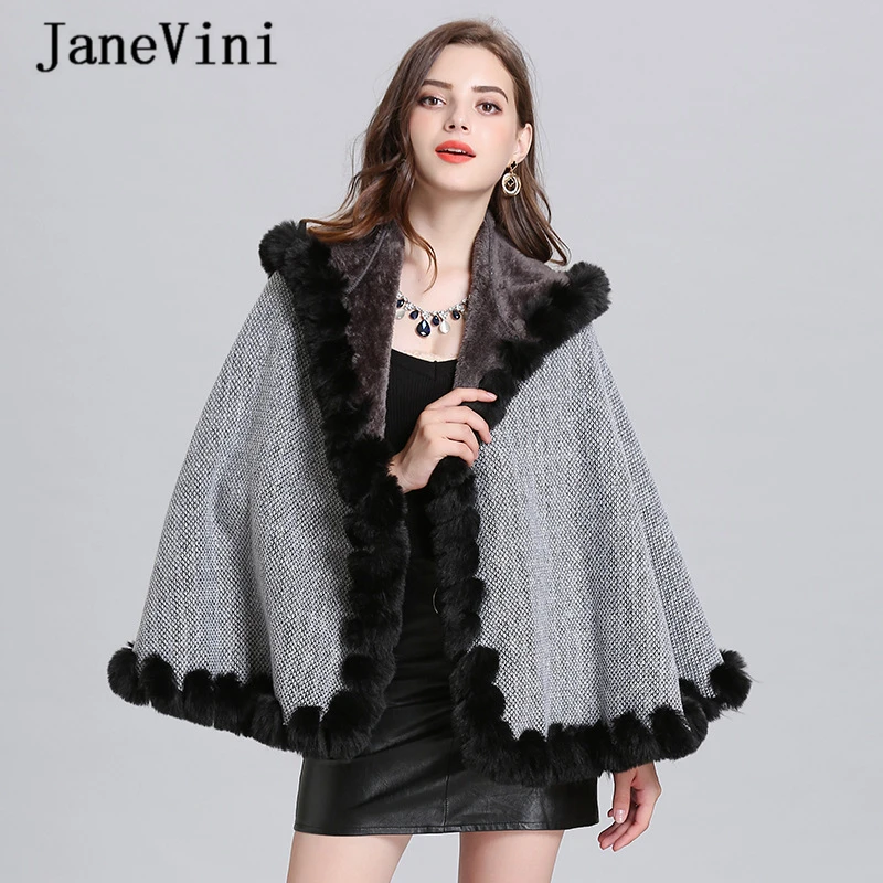 JaneVini Fashion Hooded Bridal Cape Faur Fur Coat Winter Shawl and Wrap Knitted Shoulder Bolero Women Shrugs Wedding Accessories