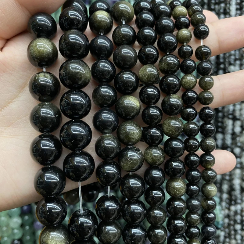 Gold Obsidian Beads Natural Stone Round Loose Beads For Jewelry Making DIY Bracelet Necklace 4 6 8 10 12mm 15