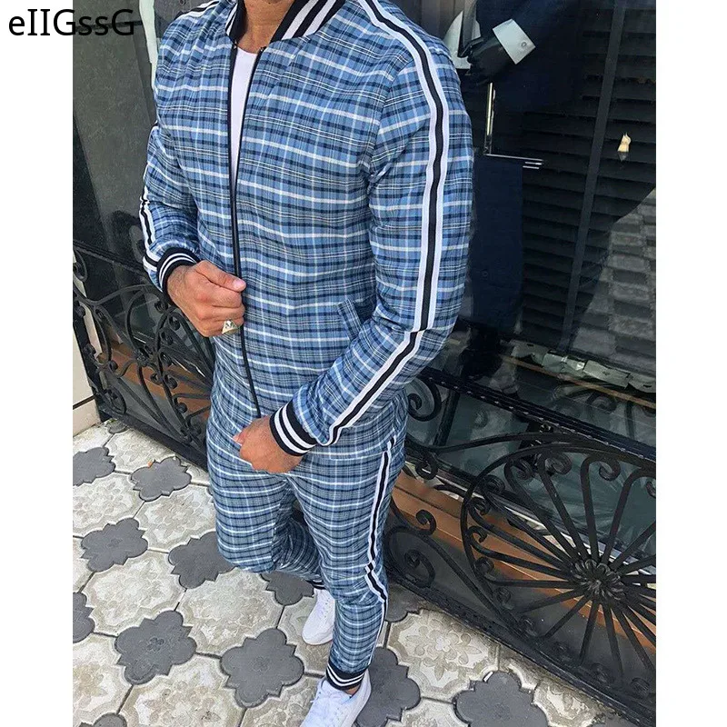 2021 Man Tracksuits Men\'s Sets 3D Print Sets Men Grid Two-piece Patchwork Zipper Tracksuits Small Leg Trouser Sweat Suits Sets