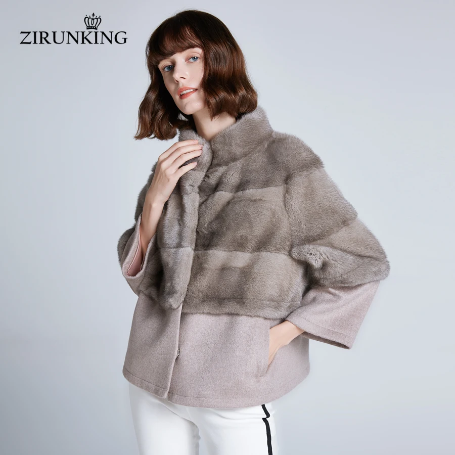 Zirunking-معطف فرو المنك الحقيقي 2020 ، قماش صوف قابل للفصل ، شتوي دافئ للنساء ، ملابس خارجية أنيقة ، صوف دافئ Z201