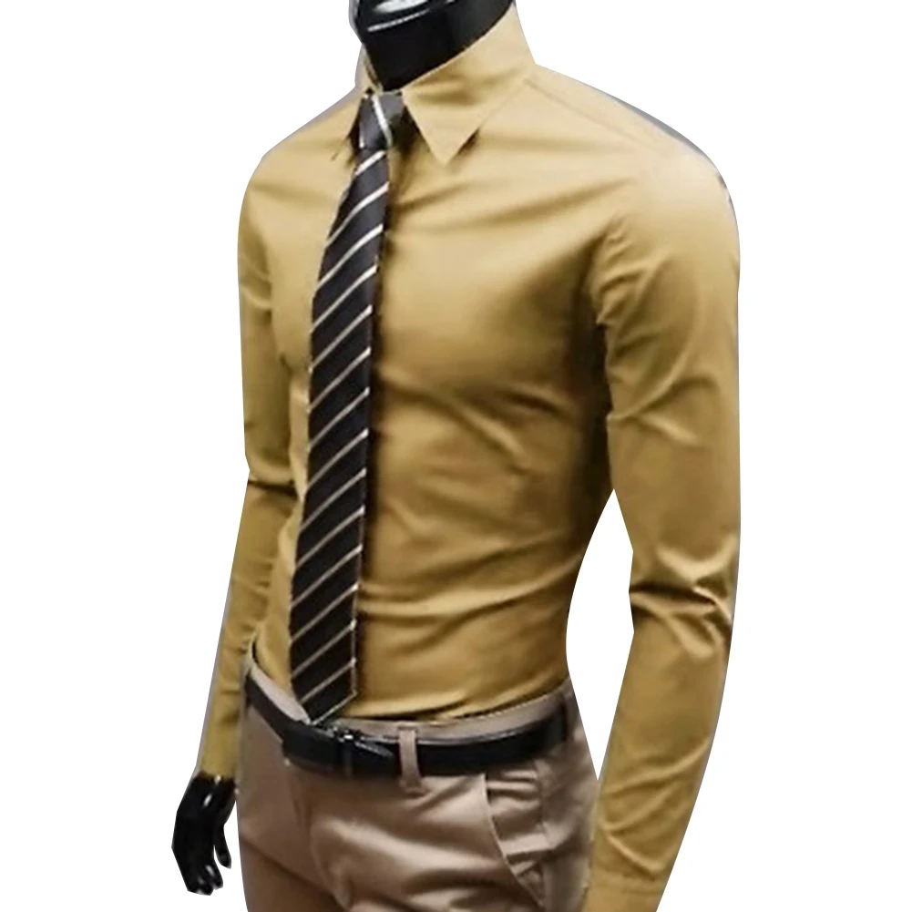 Camicia elegante da uomo New Fashion uomo tinta unita Business manica lunga uomo bottone girocollo camicia Top poliestere