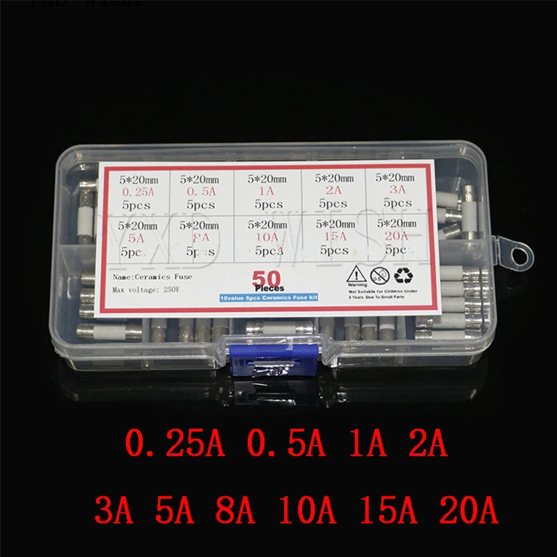 

50pcs / Box Ceramic Fuse 5mm x 20mm Slow Blow 250V 0.25A 0.5A 1A 2A 3A 5A 8A 10A 15A 20A Fuse Insurance Tube 5*20 mm