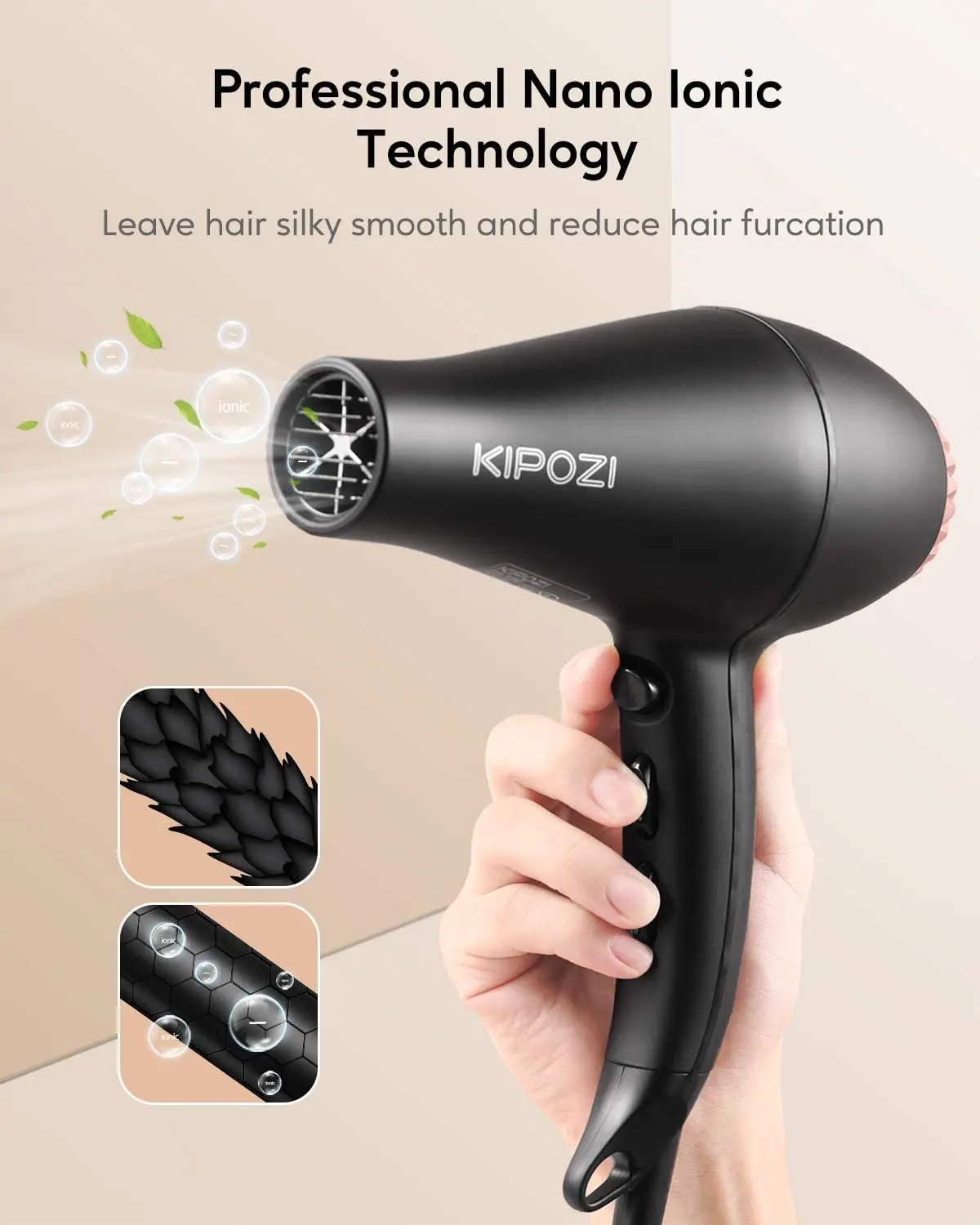 KIPOZI KP9908Hair Dryer Electric Powerful Blower Hair Salon Blow Dryer Hair Care Fast Dry with Accessories Lightweight Low Noise