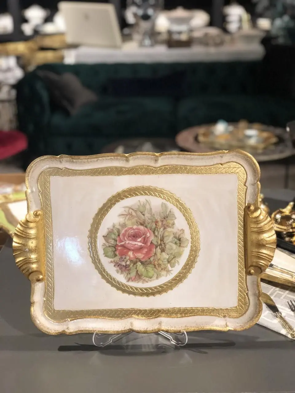 DOLBOVI ITALIAN ROSE TREE tray 32 X46CM RECTANGLE GOLD GILDED FLOWERS tray поднос plateau de service