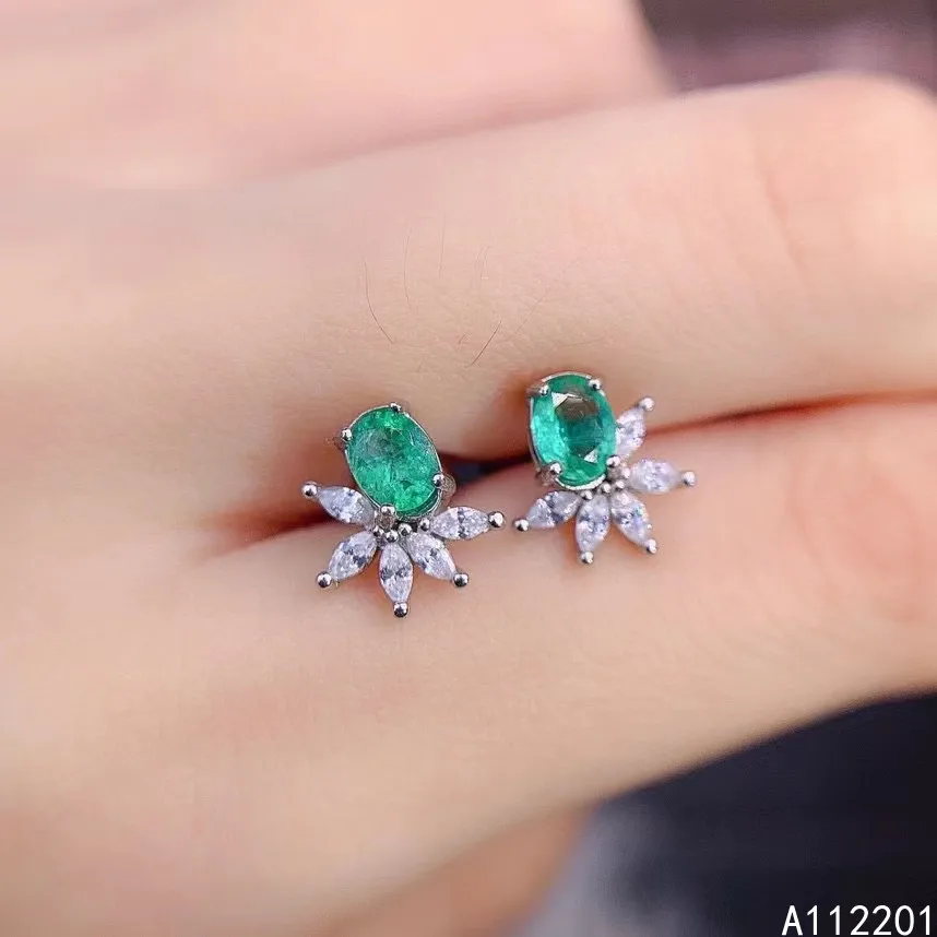 

Fine Jewelry 925 Sterling Silver Inset With Natural Gem Women's Popular Vintage Plant Emerald Earrings Ear Stud Support Detectio