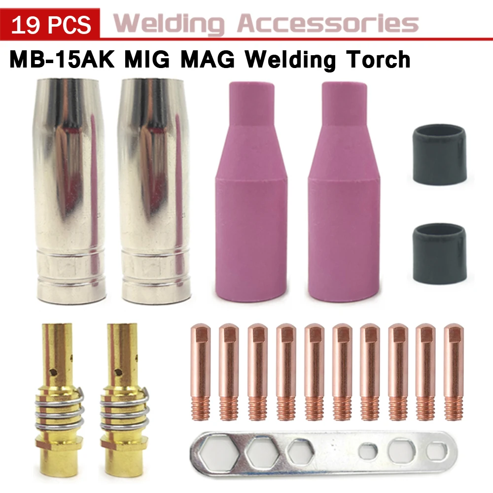 

19Pcs 15AK Welding Torch Consumables 0.6/0.8/0.9/1.0/1.2mm MIG Torch Gas Ceramic Nozzle Tip Holder of 15AK MIG MAG Welding Torch