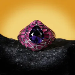 925 Silver Ladies Jewelry Dark Blue Big Zircon Ring Pink Epoxy Irregular Creative Ladies Exquisite Jewelry Handmade Enamel Ring