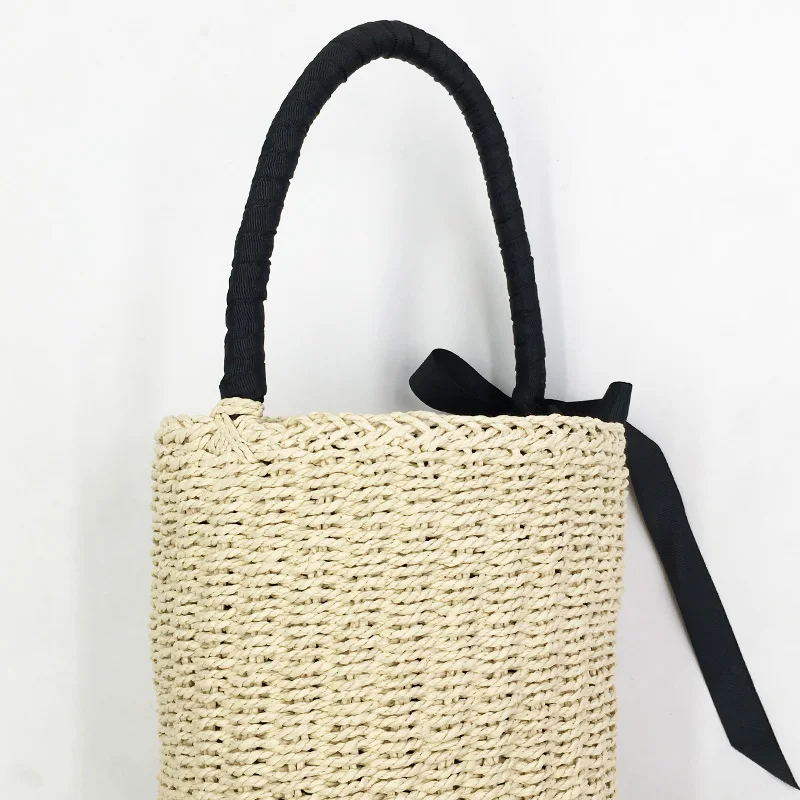 Handmade Women\'s Handbag Bucket Straw Bag Female Summer Beach Bags Bohemia Woven Bow Top-handle Tote Knitted Drawstring Basket