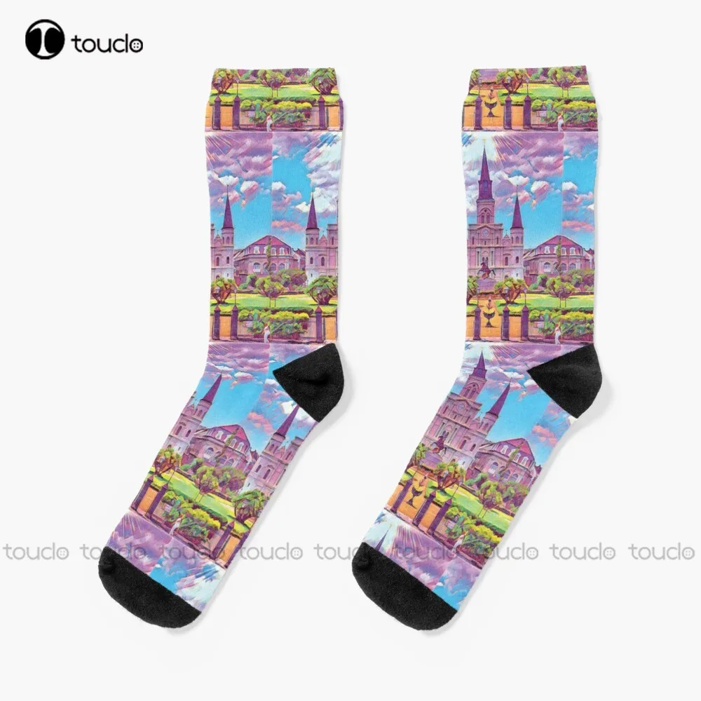 Colorful Iconic New Orleans French Quarter Nola Architecture And Green Nature In Jackson Square Sunny Southern Louisiana Socks