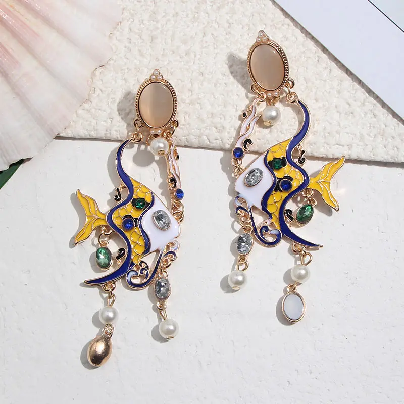 Flatfoosie 2020 New Trendy Glass Crystal Earrings for Wedding for Women Multicolored Bird Fish Long Drop Dangle Earring Jewelry