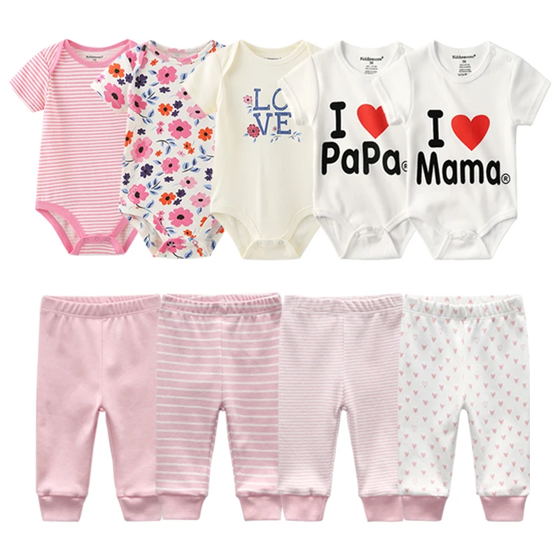 Newborn Clothes Set Bodysuits+Pants 7/9Pcs Baby Girl Outfits Pink Sweet Toddler Boy Autumn Clothing 0-12M Infant Birth Gift Soft