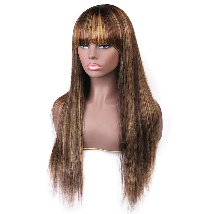 Remy Human Hair Wig Straight Neat Bang Light Brown Women Peruvian Hair Women's Medium Brown  Strawberry Blonde women Daily wig