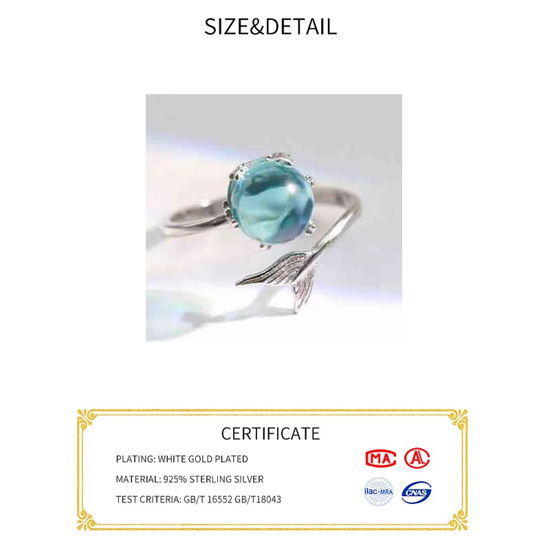 BF CLUB-Bague Sirène en Argent et Clip Bleu Ouvert, Bijou de Doigt Réglable, Cadeau pour Femme et Fille