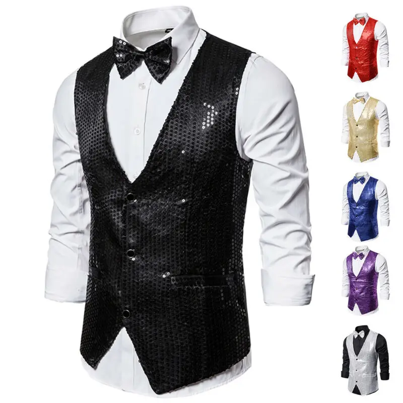 Stylish Men\'s Blazer Vest Coat Formal Slim Shiny Sequin Glitter Embellished Blazer Jacket Sequin Party Stage Coat