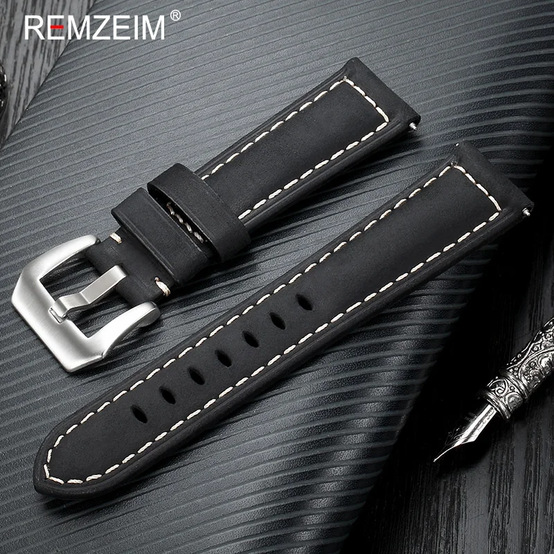 REMZEIM Crazy Horse Skin Cow Leather Watchband 20 22 24 26mm Watch Strap Bracelet Brown Black Green Replacement Watchband