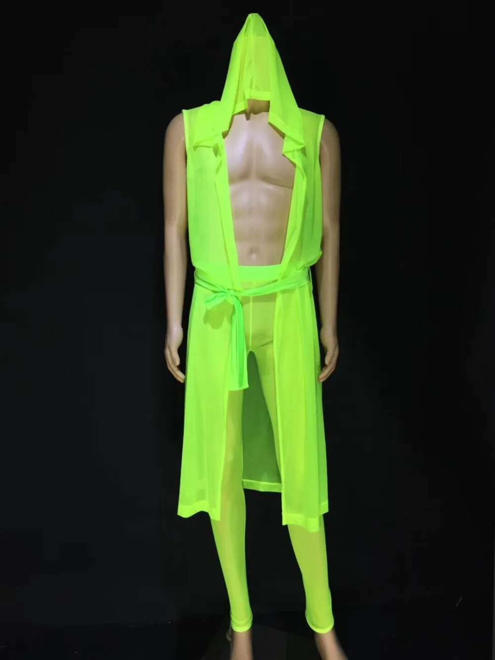 Fluorescent Green Pink Cloak Leotard Pants dancer costume Nightclub bar stage show Sexy See-through Men Suits