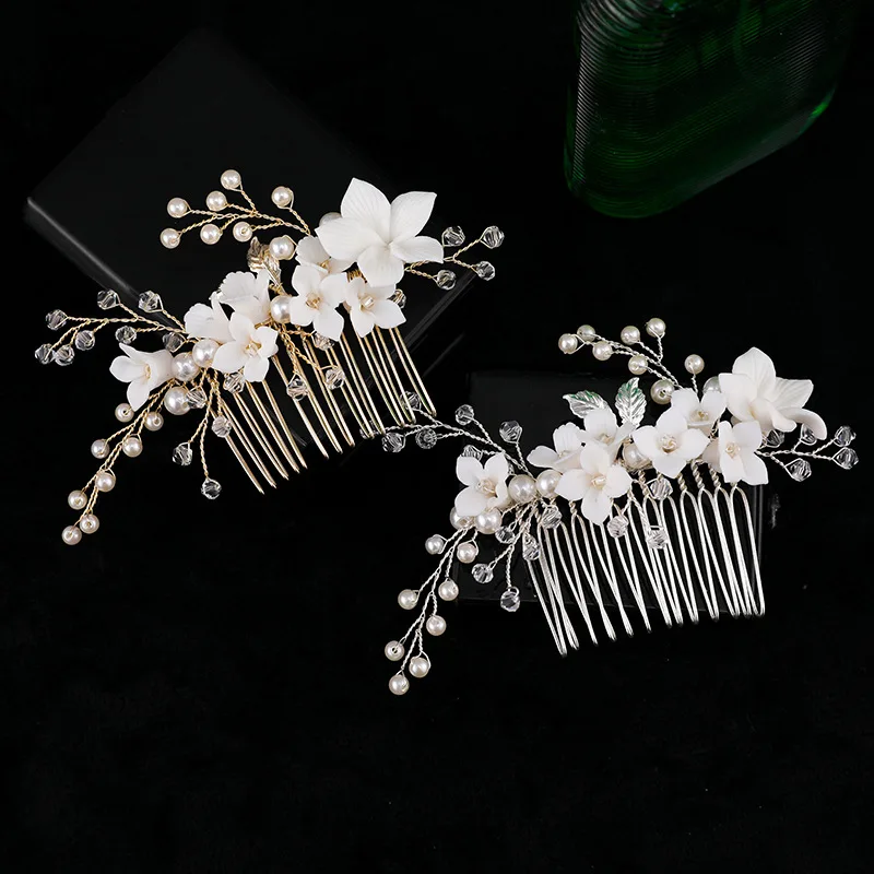 

Floralbride Handmade Porcelain Flower Pearls Bridal Hair Comb Hair Pins Wedding Headdress Hair Accessories Women Hair Jewelry