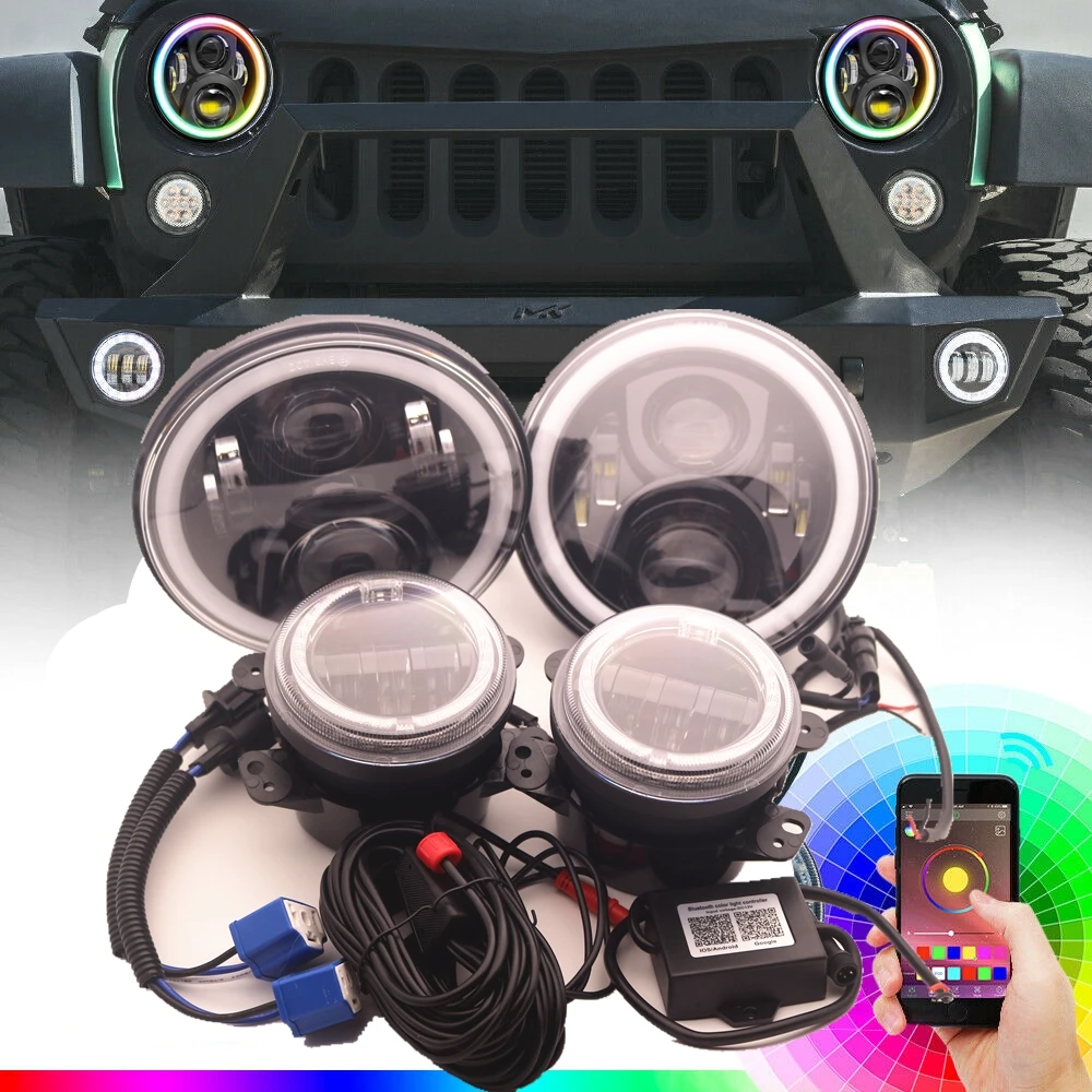 

Bluetooth App Control RGB Halo 7Inch Led Headlight With Front Fog Lights Assembly For Jeep Wrangler JK 2007-2017 Accessories