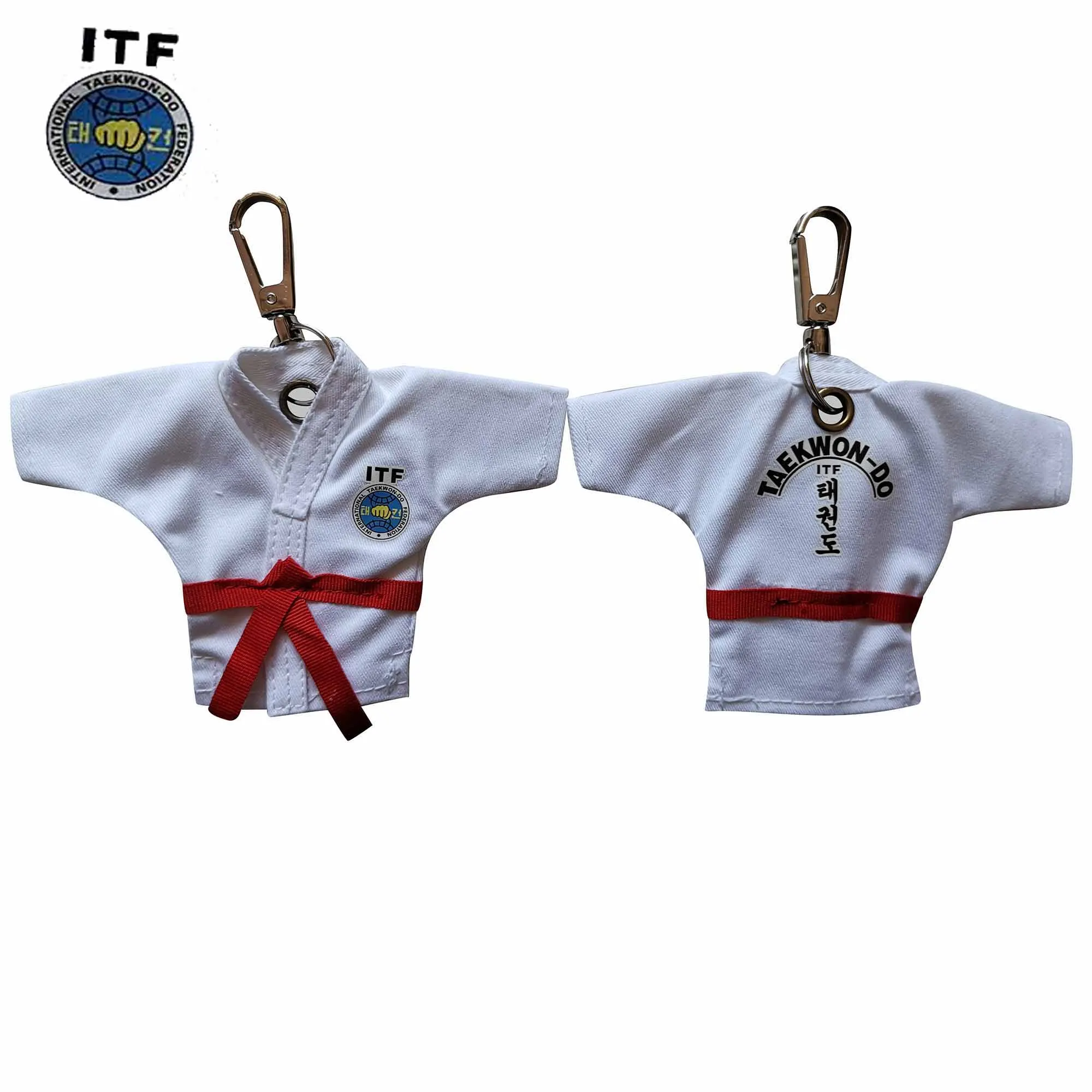 

Hot Sale Keychain ITF Taekwondo Uniform Kimono Supplies Cartoon Pendant Taekwondo Sport Gifts Keepsake Key Button key Ring