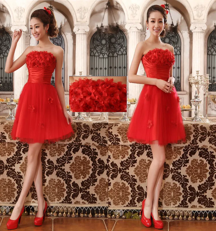 

free shipping tube top 2018 new design hot handmade flowers prom short formal plus size peplum red Prom bridesmaid Dresses