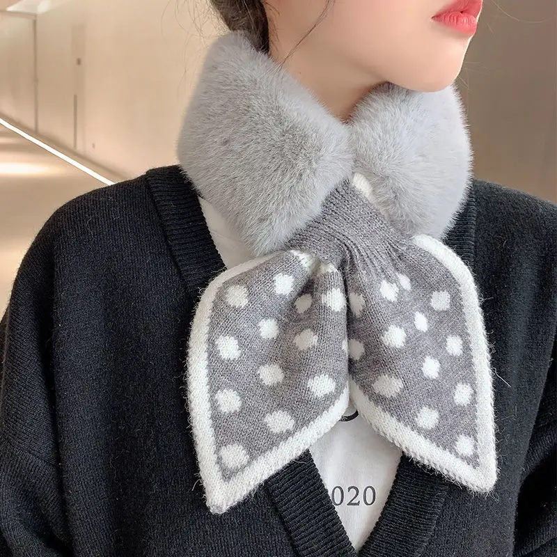 2024 New Autumn Winter Houndstooth Fashion Crochet Knitted Scarf Foulard Femme Faux Fur Collar Neck Warmer Scarves for Women