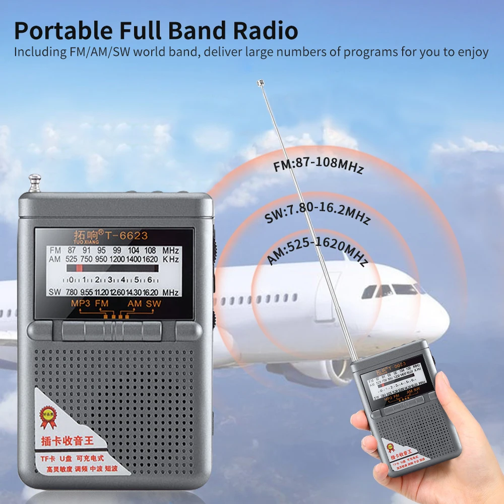 Portable Full Band Radio Receiver FM/AM/SW World Band with LCD Display Mini Pocket Radio with Buckle Receiver