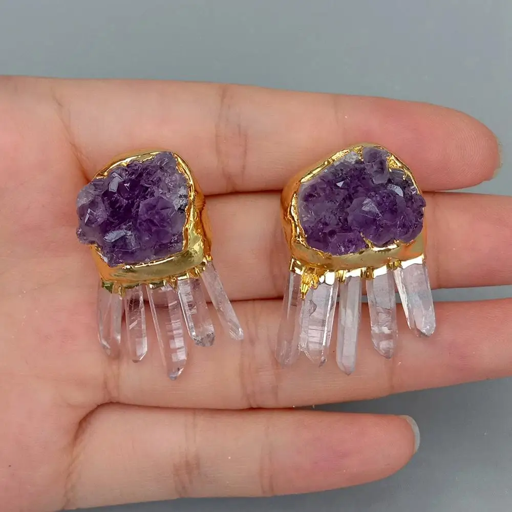 YYGEM Natural White Quartz Purple Amethyst Raw Druzy Rough Gold plated Stud Earrings