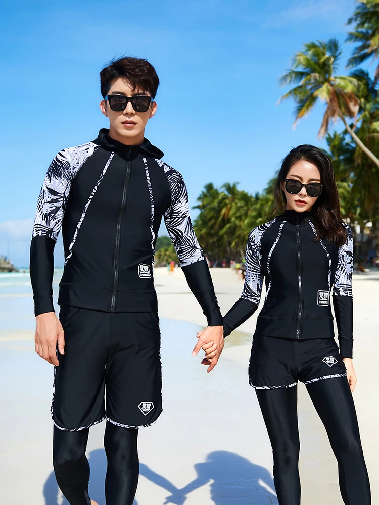 

2021 New Hooded Swimwear Quick Dry Long Sleeve Swimsuit Couple Diving Surfing Suit Rashguard Women 5 Piece Set Sexy Beach Wear