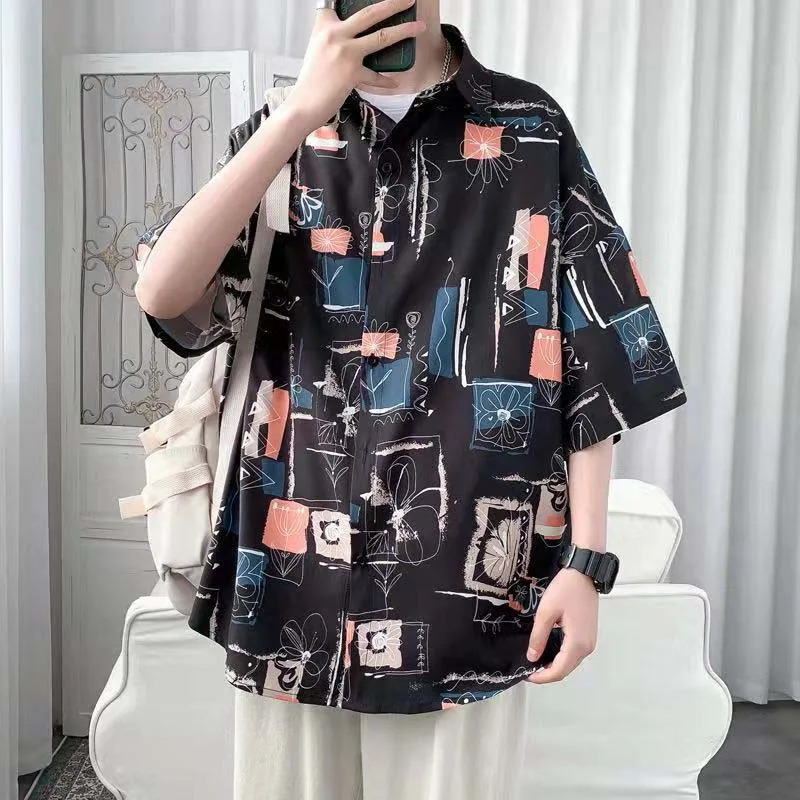 

Summer Korean Version Of The Hong Kong Wind Ins Short-sleeved Male Loose Wild Round Top Day National Tide Embroidery Middle Slee