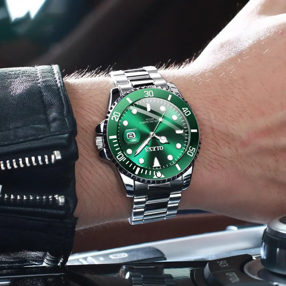 Olevs relógios masculinos marca de luxo moda à prova dwaterproof água luminosa mão verde dial quartzo esportes relógio pulso presentes para homem