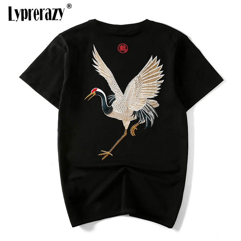 Lyprerazy Streetwear Chinese Japan Style Red-crowned crane TShirts Mens Short Sleeve T-shirts Hip Hop Embroidery Tees