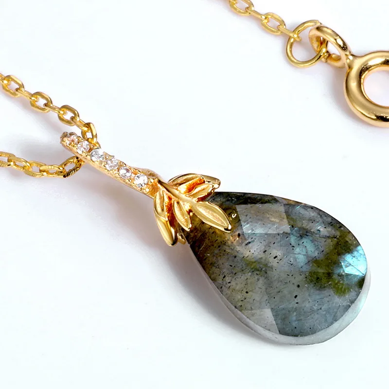 ALLNOEL Solid 925 Sterling Silver Pendant Necklace for Women 100% Natural 8*12mm Labradorite Waterdrop Charm Chic Jewelry New