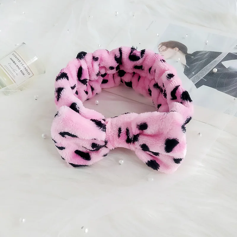 Leopard Print Versatile Girl Headwear Soft Skin Care Coral Fleece Shower Facial Make Up Bow Knot Lady Gym Sports Headbands